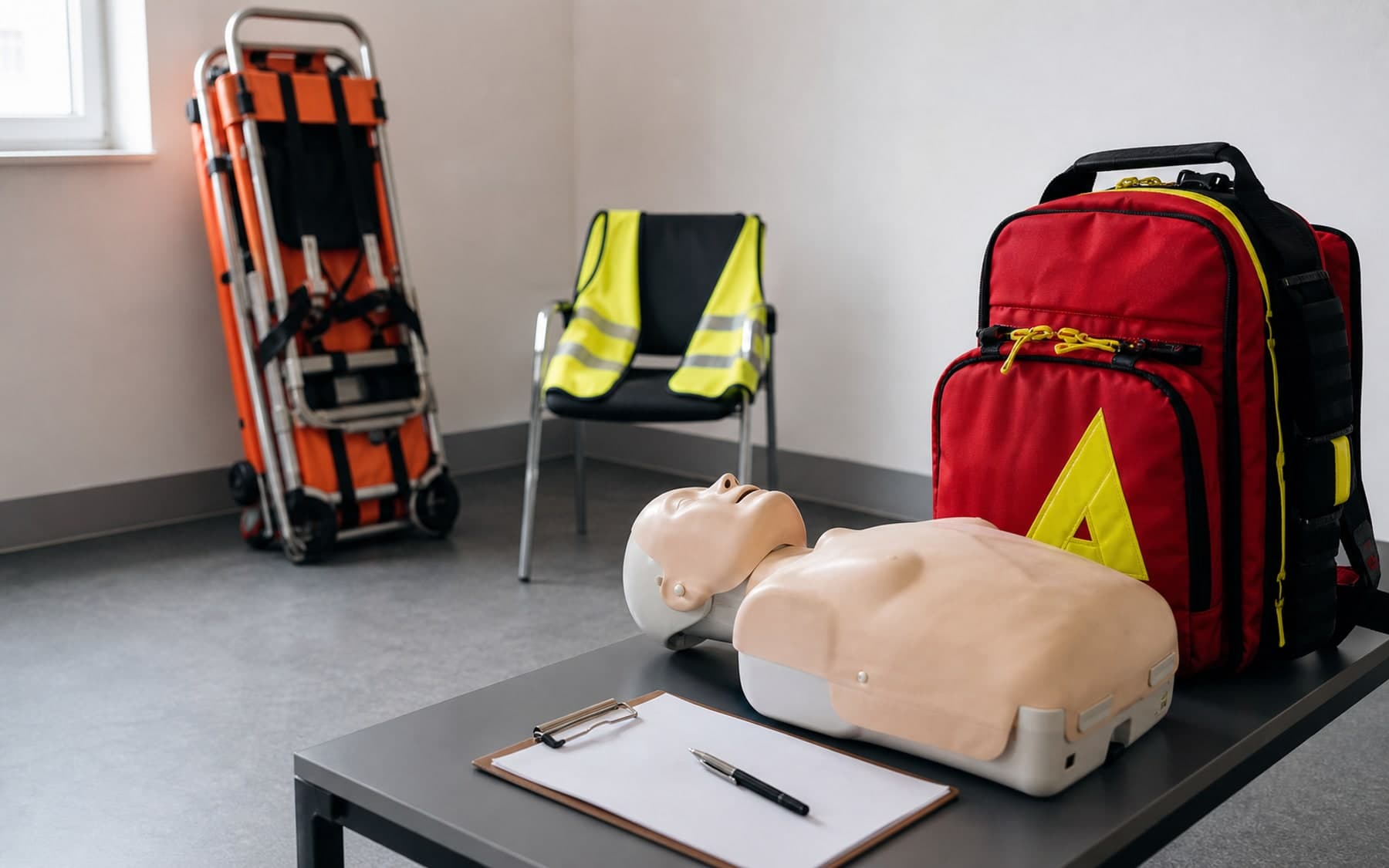Ruhiges Ausbildungsbild mit Übungssituation für die praktischen Anteile der Rettungssanitäter-Ausbildung