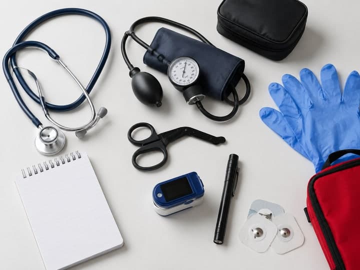 Stethoskop, Blutdruckmanschette und medizinisches Material